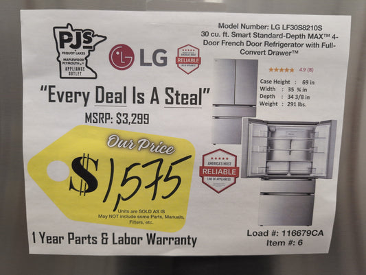 LG LF30S8210S 36 Inch Smart 4-Door French Door Refrigerator with 29.6 Cu. Ft. Capacity, Full-Convert Drawer™, Internal Water Dispenser, Door Cooling+, Smart Diagnosis™, Sabbath Mode, and ENERGY STAR® Qualified