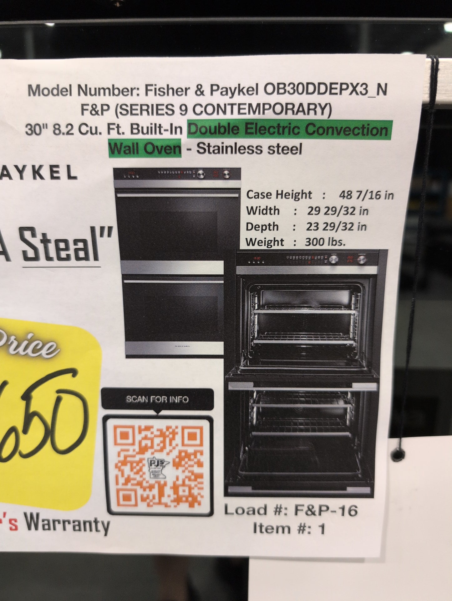FISHER & PAYKEL OB30DDEPX3_N 30" Series 9 Contemporary Self-Cleaning Double Oven 11 Function