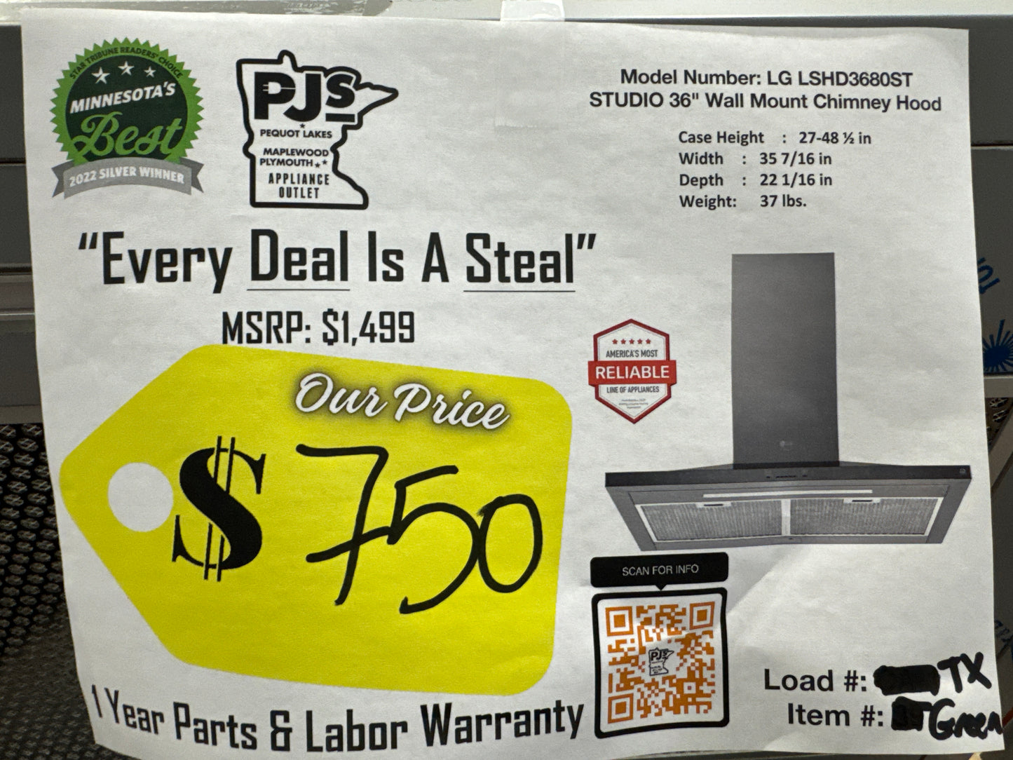 LG Studio LSHD3680ST 36 Inch Wall Mount Smart Chimney Hood with 600 CFM Internal Blower, Wi-Fi, IR Touch Controls, LED Lighting, Mesh Filters, Low-Profile Body, and RoHS Compliant: Stainless Steel
