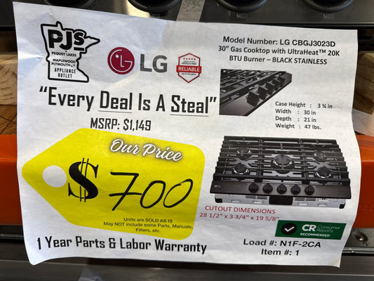 LG CBGJ3023D 30 Inch Gas Cooktop with 5 Sealed Burners, 20K BTU Ultraheat™ Burner, Continuous Cast-Iron Grates, Knobs Control, and Auto Reignition: Black Stainless Steel