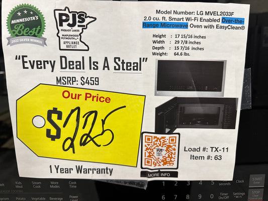 LG MVEL2033F 30 Inch Over-the-Range Smart Microwave Oven with 2.0 cu. ft. Capacity, 400 CFM Exhaust, Sensor Cook, Add 30 Seconds, Quick Defrost, 6-Auto Cook Options, Wi-Fi, Scan-to-Cook, EasyClean®, SmoothTouch™ Controls, and WideView™