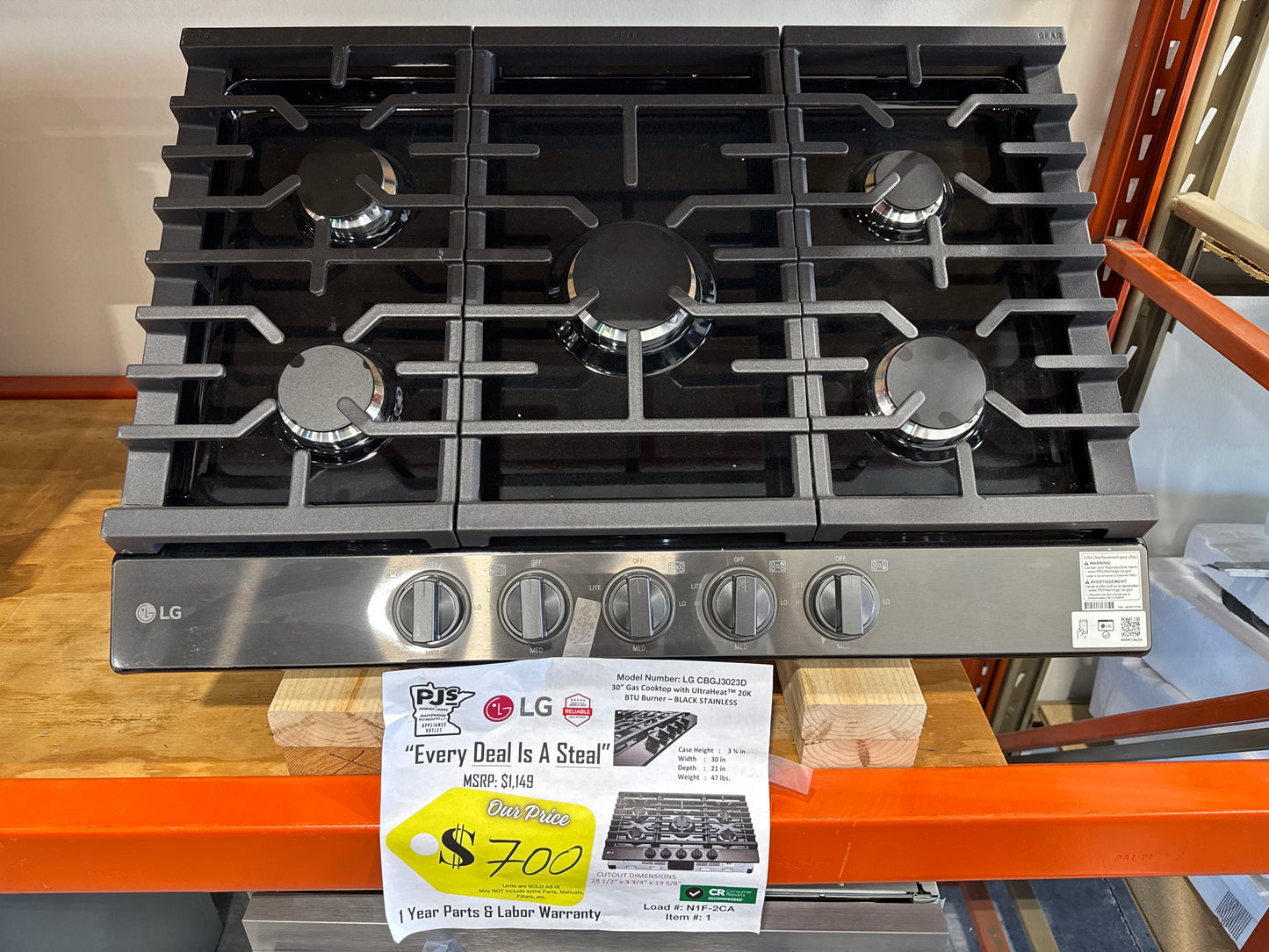 LG CBGJ3023D 30 Inch Gas Cooktop with 5 Sealed Burners, 20K BTU Ultraheat™ Burner, Continuous Cast-Iron Grates, Knobs Control, and Auto Reignition: Black Stainless Steel