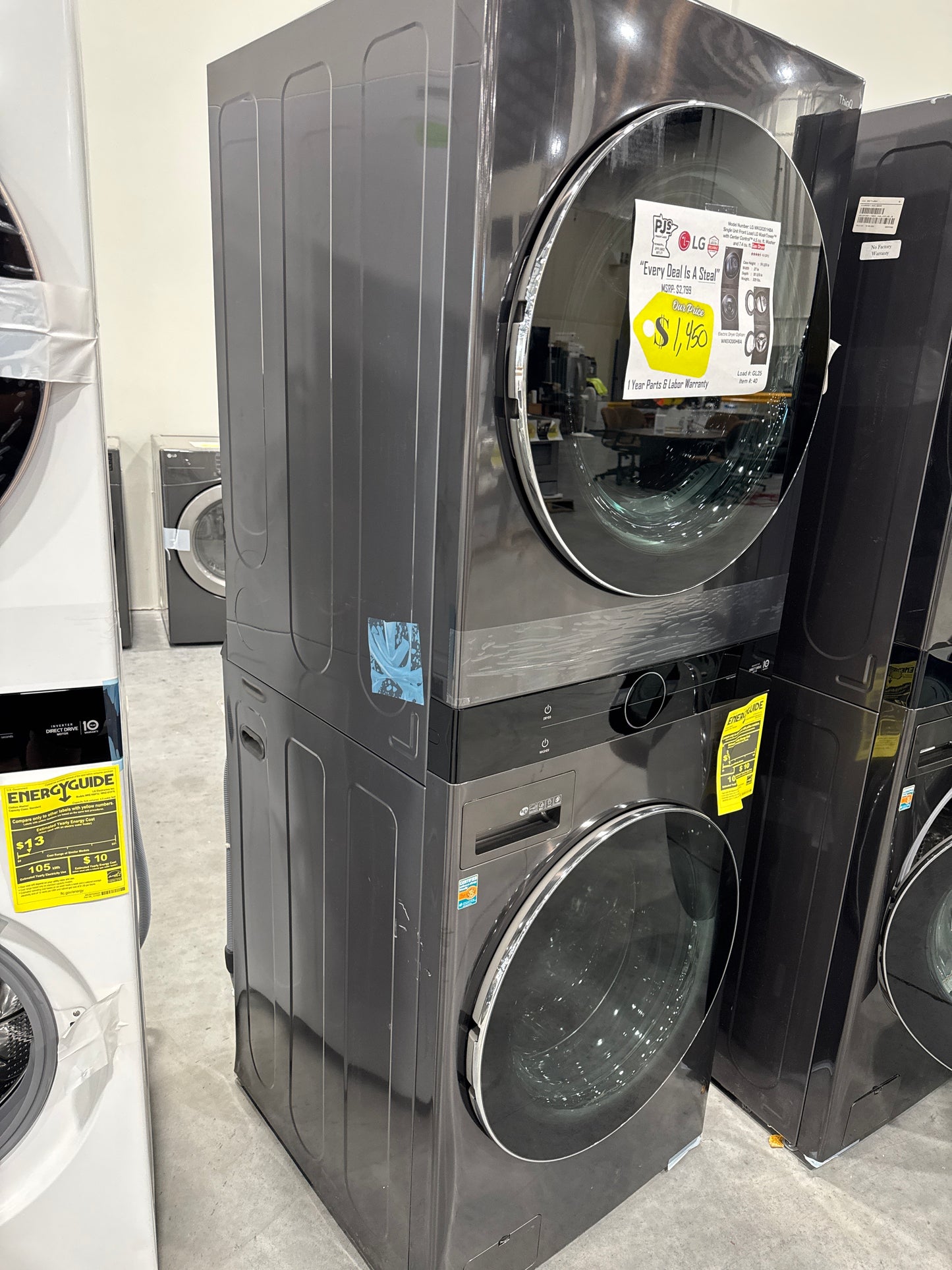 LG WKGX201HBA 27 Inch Smart Gas Wash Tower with 4.5 cu. ft. Washer Capacity, 7.4 cu. ft. Dryer Capacity, TurboWash™360° Technology, Allergiene™ Wash Cycle, LG ThinQ® Technology, AI Fabric Sensor, and ENERGY STAR®: Black Steel