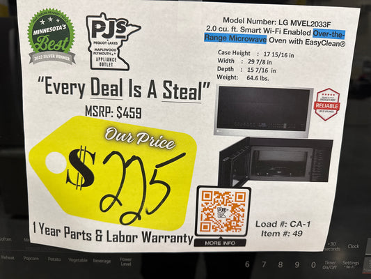 LG MVEL2033F 30 Inch Over-the-Range Smart Microwave Oven with 2.0 cu. ft. Capacity, 400 CFM Exhaust, Sensor Cook, Add 30 Seconds, Quick Defrost, 6-Auto Cook Options, Wi-Fi, Scan-to-Cook, EasyClean®, SmoothTouch™ Controls, and WideView™
