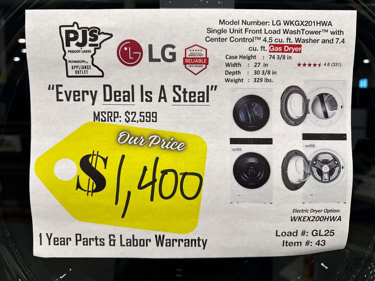 LG WKGX201HWA 27 Inch Smart Wash Tower with 4.5 cu. ft. Washer Capacity, 7.4 cu. ft. Dryer Capacity, TurboWash™360° Technology, Allergiene™ Wash Cycle, LG ThinQ® Technology, AI Fabric Sensor, and ENERGY STAR®: White