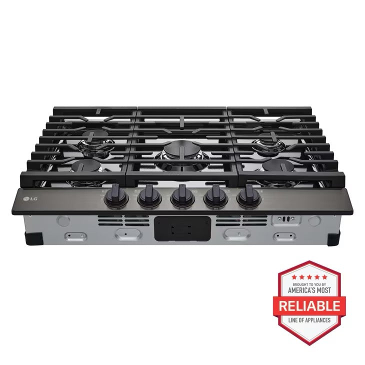 LG CBGJ3023D 30 Inch Gas Cooktop with 5 Sealed Burners, 20K BTU Ultraheat™ Burner, Continuous Cast-Iron Grates, Knobs Control, and Auto Reignition: Black Stainless Steel