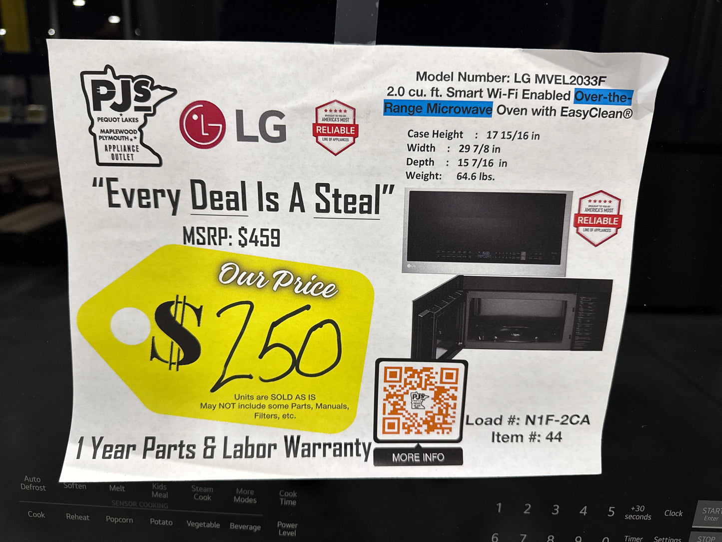 LG MVEL2033F 30 Inch Over-the-Range Smart Microwave Oven with 2.0 cu. ft. Capacity, 400 CFM Exhaust, Sensor Cook, Add 30 Seconds, Quick Defrost, 6-Auto Cook Options, Wi-Fi, Scan-to-Cook, EasyClean®, SmoothTouch™ Controls, and WideView™