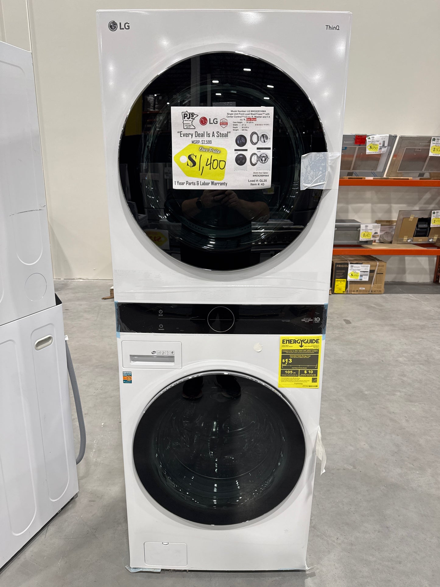 LG WKGX201HWA 27 Inch Smart Wash Tower with 4.5 cu. ft. Washer Capacity, 7.4 cu. ft. Dryer Capacity, TurboWash™360° Technology, Allergiene™ Wash Cycle, LG ThinQ® Technology, AI Fabric Sensor, and ENERGY STAR®: White
