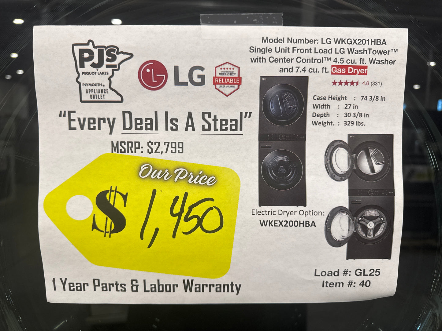 LG WKGX201HBA 27 Inch Smart Gas Wash Tower with 4.5 cu. ft. Washer Capacity, 7.4 cu. ft. Dryer Capacity, TurboWash™360° Technology, Allergiene™ Wash Cycle, LG ThinQ® Technology, AI Fabric Sensor, and ENERGY STAR®: Black Steel