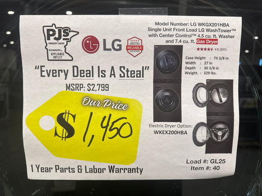 LG WKGX201HBA 27 Inch Smart Gas Wash Tower with 4.5 cu. ft. Washer Capacity, 7.4 cu. ft. Dryer Capacity, TurboWash™360° Technology, Allergiene™ Wash Cycle, LG ThinQ® Technology, AI Fabric Sensor, and ENERGY STAR®: Black Steel