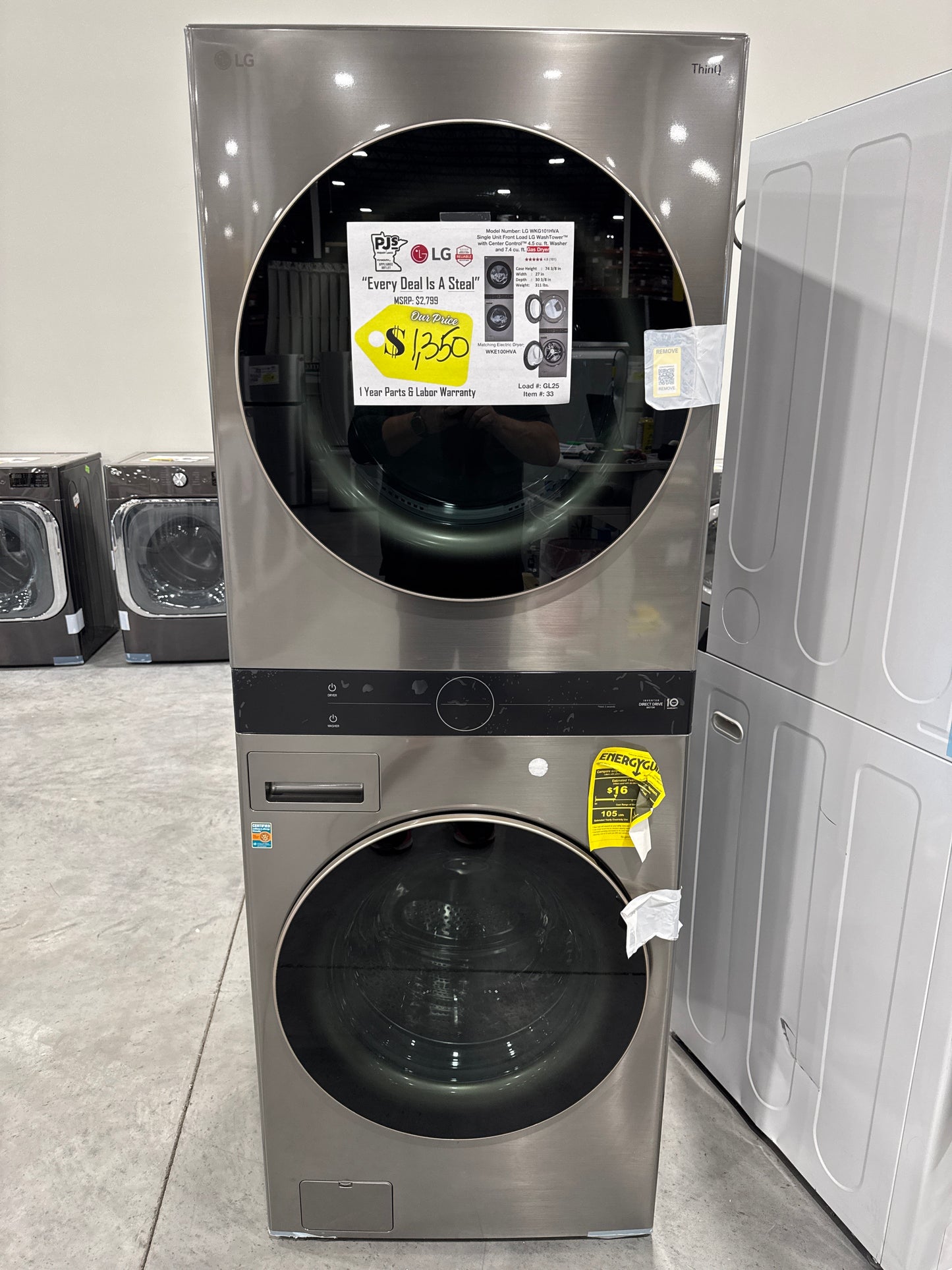 LG WKG101HVA 27 Inch Smart Gas WashTower with 4.5 Cu. Ft. Washer Capacity, 7.4 Cu. Ft. Dryer Capacity, Single Unit WashTower™ Design, Built-In Intelligence, Allergiene™ Wash Cycle, Sensor Dry, and ENERGY STAR® Certified