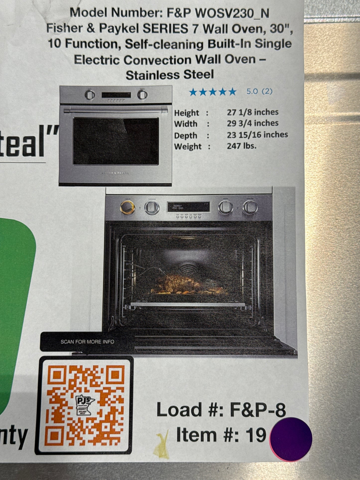 FISHER & PAYKEL WOSV230_N 30" Series 7 Professional Self-Cleaning Oven 10 Function