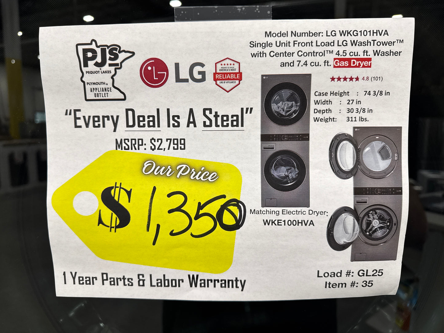 LG WKG101HVA 27 Inch Smart Gas WashTower with 4.5 Cu. Ft. Washer Capacity, 7.4 Cu. Ft. Dryer Capacity, Single Unit WashTower™ Design, Built-In Intelligence, Allergiene™ Wash Cycle, Sensor Dry, and ENERGY STAR® Certified