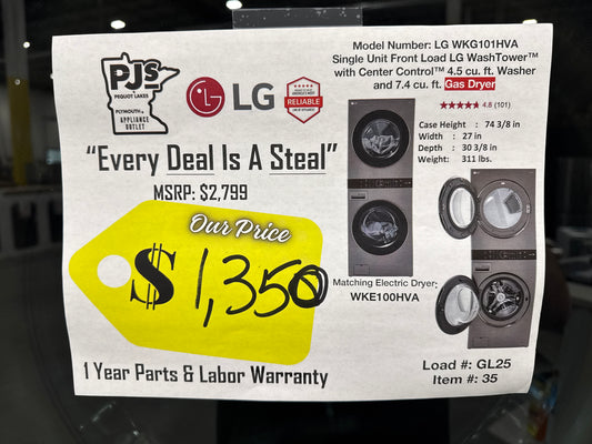 LG WKG101HVA 27 Inch Smart Gas WashTower with 4.5 Cu. Ft. Washer Capacity, 7.4 Cu. Ft. Dryer Capacity, Single Unit WashTower™ Design, Built-In Intelligence, Allergiene™ Wash Cycle, Sensor Dry, and ENERGY STAR® Certified