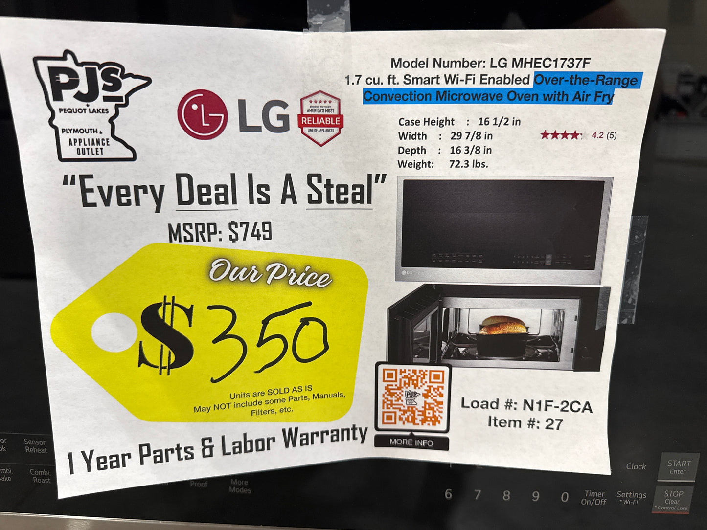 LG MHEC1737F 30 Inch Over-the-Range Smart Microwave Oven with 1.7 cu. ft. Capacity, 300 CFM Exhaust, Air Fry, Convection Cooking, Sensor Cook, Add 30 Seconds, 8 Auto Cook Settings, Wi-Fi, Scan-to-Cook, SmoothTouch™ Controls, and WideView™