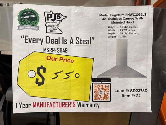 Frigidaire FHWC3055LS 30 Inch Wall Mount Chimney Range Hood with 400 CFM Internal Blower, 3-Speed Centrifugal Fan, Halogen Lighting and Convertible to Recirculating
