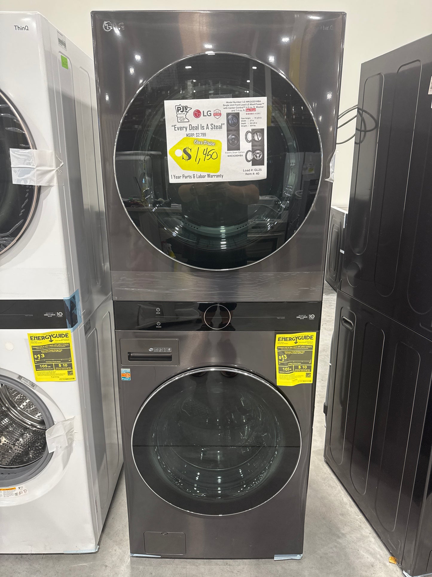 LG WKGX201HBA 27 Inch Smart Gas Wash Tower with 4.5 cu. ft. Washer Capacity, 7.4 cu. ft. Dryer Capacity, TurboWash™360° Technology, Allergiene™ Wash Cycle, LG ThinQ® Technology, AI Fabric Sensor, and ENERGY STAR®: Black Steel