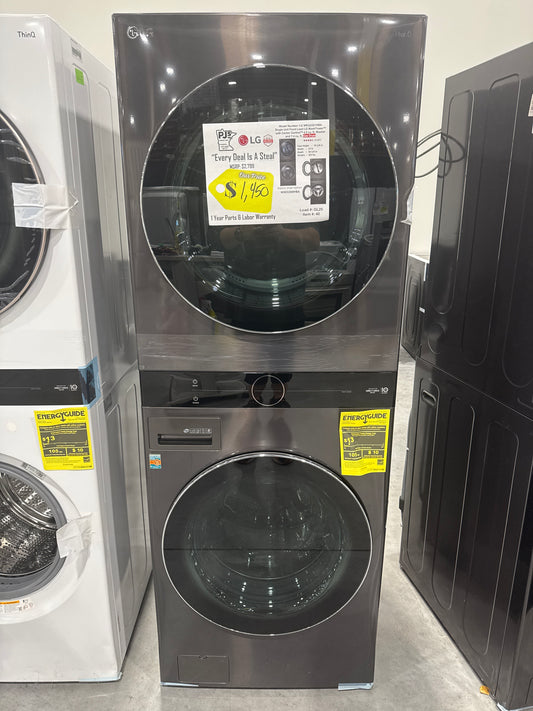 LG WKGX201HBA 27 Inch Smart Gas Wash Tower with 4.5 cu. ft. Washer Capacity, 7.4 cu. ft. Dryer Capacity, TurboWash™360° Technology, Allergiene™ Wash Cycle, LG ThinQ® Technology, AI Fabric Sensor, and ENERGY STAR®: Black Steel