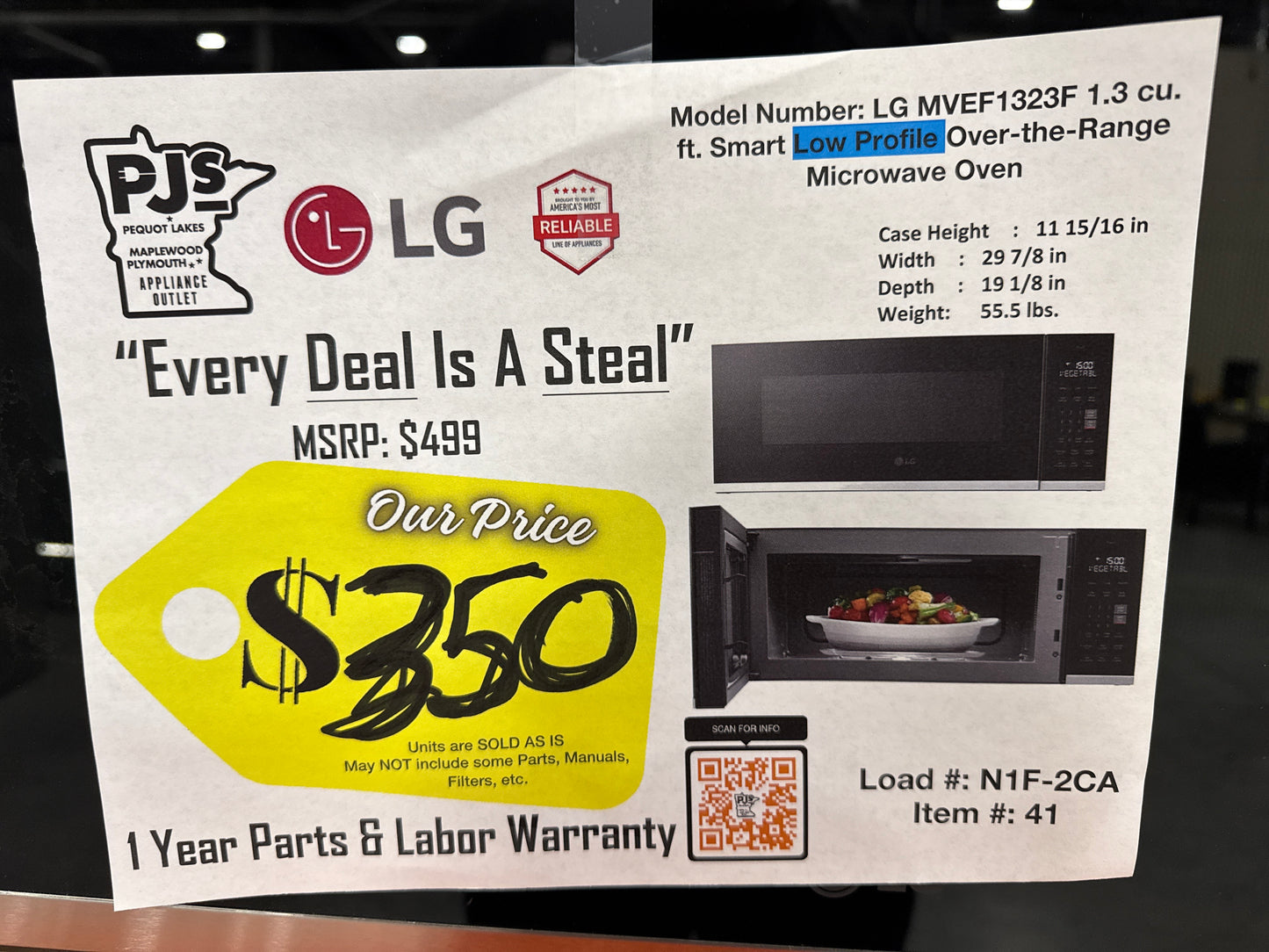 LG MVEF1323F 30 Inch LOW PROFILE Over-the-Range Smart Microwave Oven with 1.3 cu. ft. Capacity, 4 Speed 400 CFM Exhaust, SmoothTouch™ Glass Controls, Scan-To-Cook, EasyClean® Interior, and Child Lock