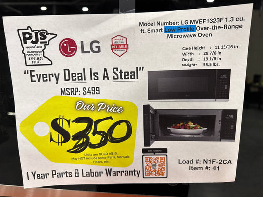 LG MVEF1323F 30 Inch LOW PROFILE Over-the-Range Smart Microwave Oven with 1.3 cu. ft. Capacity, 4 Speed 400 CFM Exhaust, SmoothTouch™ Glass Controls, Scan-To-Cook, EasyClean® Interior, and Child Lock