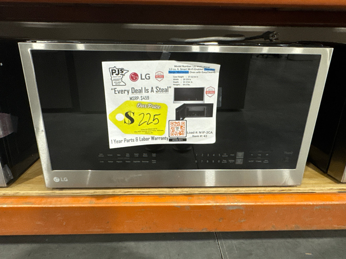 LG MVEL2033F 30 Inch Over-the-Range Smart Microwave Oven with 2.0 cu. ft. Capacity, 400 CFM Exhaust, Sensor Cook, Add 30 Seconds, Quick Defrost, 6-Auto Cook Options, Wi-Fi, Scan-to-Cook, EasyClean®, SmoothTouch™ Controls, and WideView™