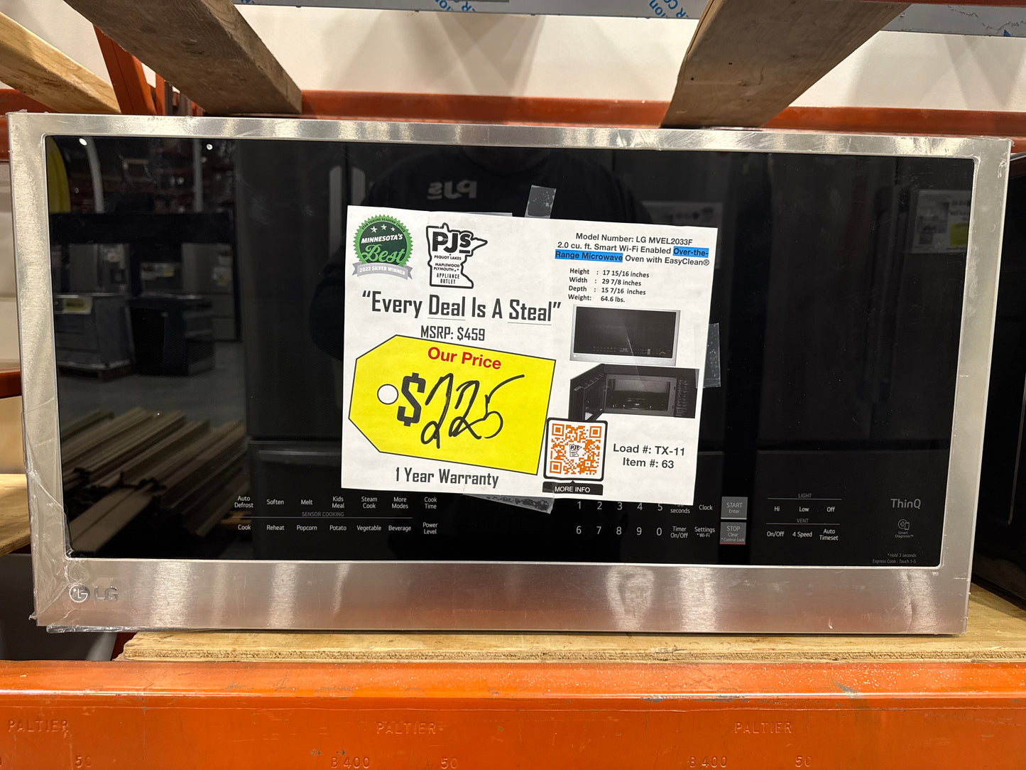 LG MVEL2033F 30 Inch Over-the-Range Smart Microwave Oven with 2.0 cu. ft. Capacity, 400 CFM Exhaust, Sensor Cook, Add 30 Seconds, Quick Defrost, 6-Auto Cook Options, Wi-Fi, Scan-to-Cook, EasyClean®, SmoothTouch™ Controls, and WideView™