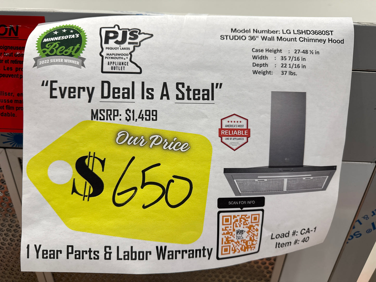 LG Studio LSHD3680ST 36 Inch Wall Mount Smart Chimney Hood with 600 CFM Internal Blower, Wi-Fi, IR Touch Controls, LED Lighting, Mesh Filters, Low-Profile Body, and RoHS Compliant: Stainless Steel