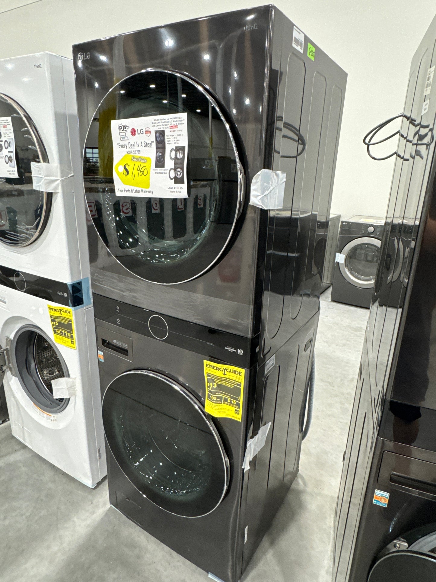 LG WKGX201HBA 27 Inch Smart Gas Wash Tower with 4.5 cu. ft. Washer Capacity, 7.4 cu. ft. Dryer Capacity, TurboWash™360° Technology, Allergiene™ Wash Cycle, LG ThinQ® Technology, AI Fabric Sensor, and ENERGY STAR®: Black Steel