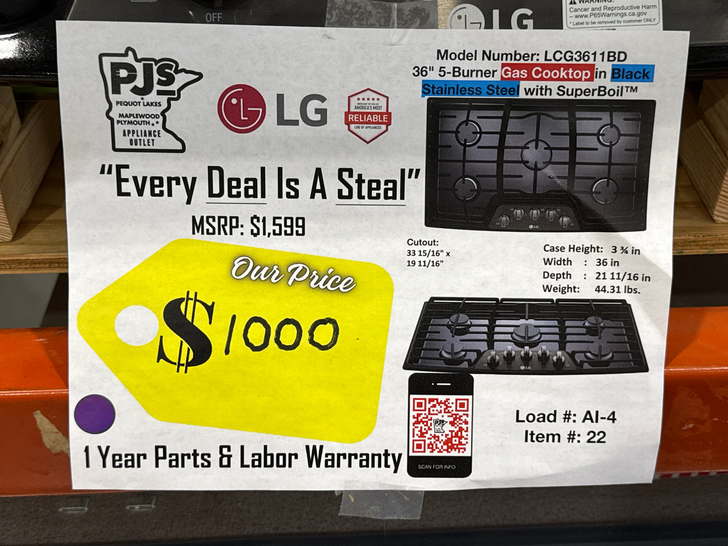 LG LCG3611BD 36 Inch Gas Cooktop with 5 Sealed Burners, Heavy Duty Cast Iron Grates, SuperBoil™, and Front Center Knob Controls: Black Stainless Steel