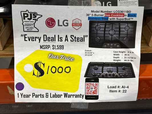 LG LCG3611BD 36 Inch Gas Cooktop with 5 Sealed Burners, Heavy Duty Cast Iron Grates, SuperBoil™, and Front Center Knob Controls: Black Stainless Steel