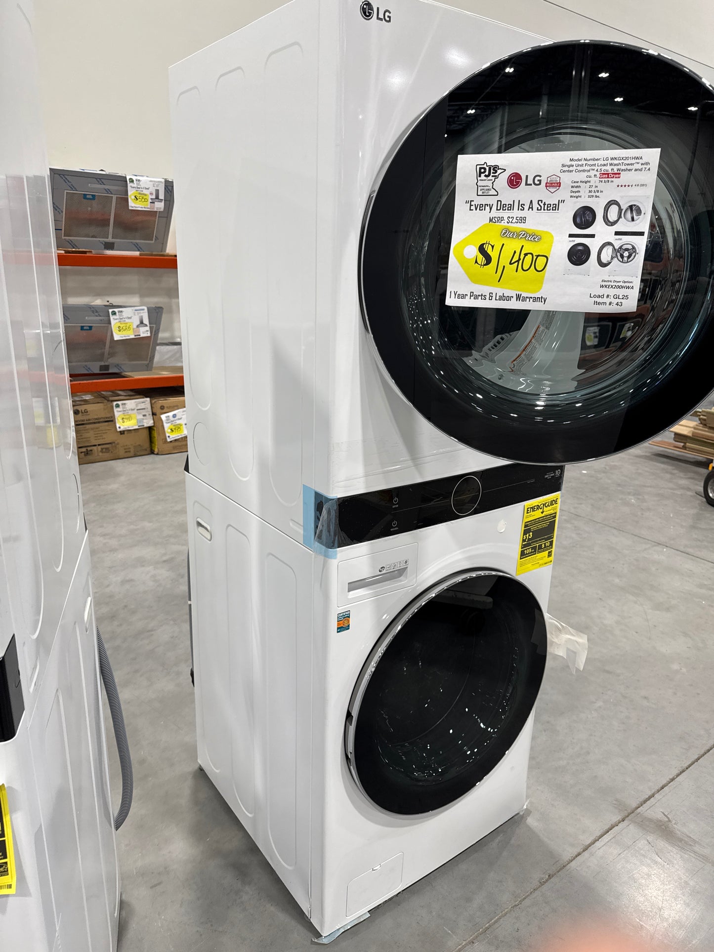 LG WKGX201HWA 27 Inch Smart Wash Tower with 4.5 cu. ft. Washer Capacity, 7.4 cu. ft. Dryer Capacity, TurboWash™360° Technology, Allergiene™ Wash Cycle, LG ThinQ® Technology, AI Fabric Sensor, and ENERGY STAR®: White