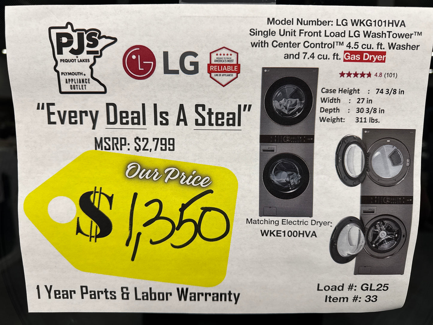 LG WKG101HVA 27 Inch Smart Gas WashTower with 4.5 Cu. Ft. Washer Capacity, 7.4 Cu. Ft. Dryer Capacity, Single Unit WashTower™ Design, Built-In Intelligence, Allergiene™ Wash Cycle, Sensor Dry, and ENERGY STAR® Certified