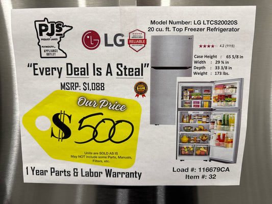 LG LTCS20020S 30 Inch Top Freezer Refrigerator with 20.2 Cu. Ft. Total Capacity, Adjustable Glass Shelves, Humidity-Controlled Crispers, Digital Temperature Controls, LED Lights, Reversible Door, and ENERGY STAR Qualified: Stainless Steel
