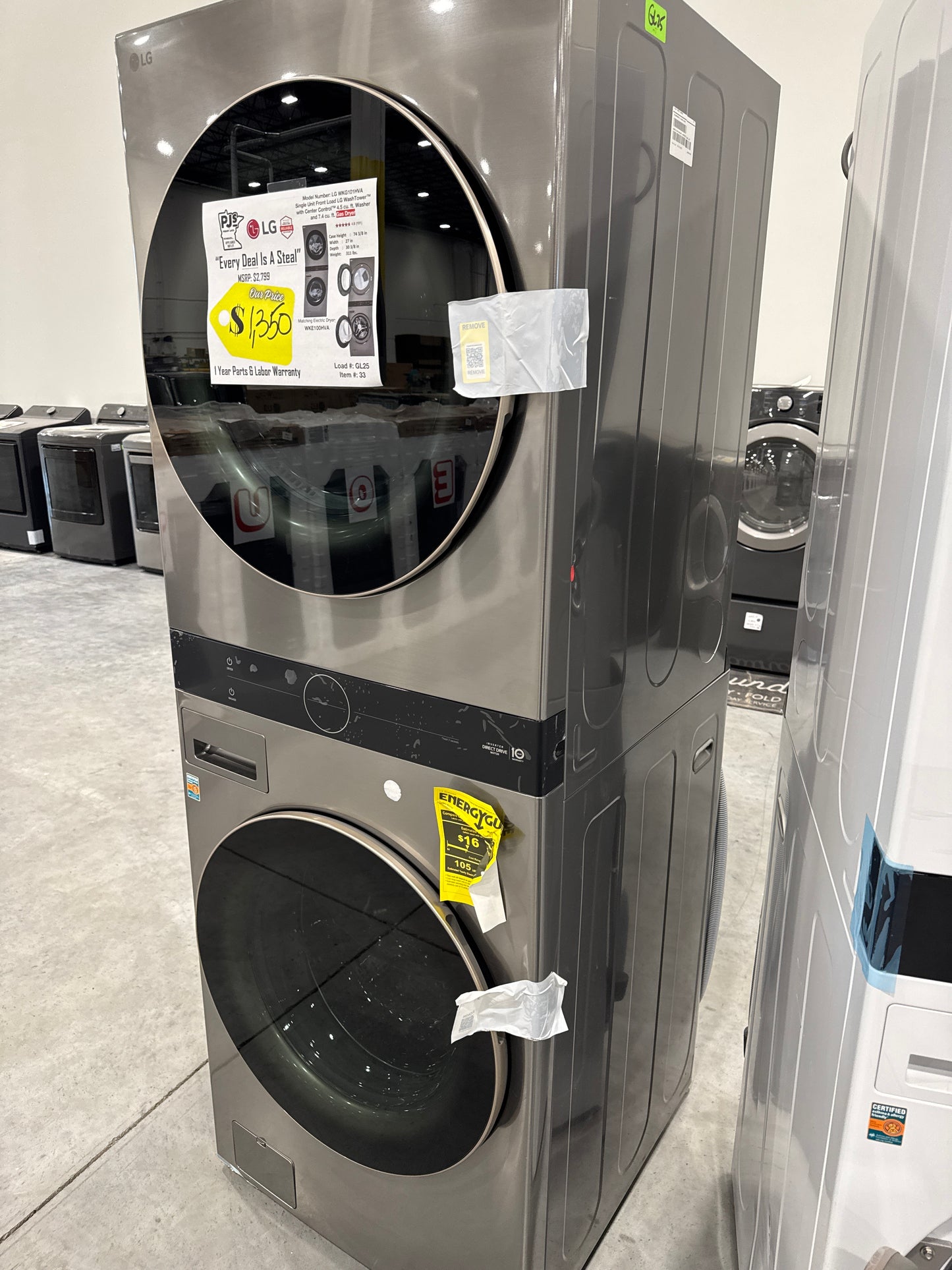 LG WKG101HVA 27 Inch Smart Gas WashTower with 4.5 Cu. Ft. Washer Capacity, 7.4 Cu. Ft. Dryer Capacity, Single Unit WashTower™ Design, Built-In Intelligence, Allergiene™ Wash Cycle, Sensor Dry, and ENERGY STAR® Certified