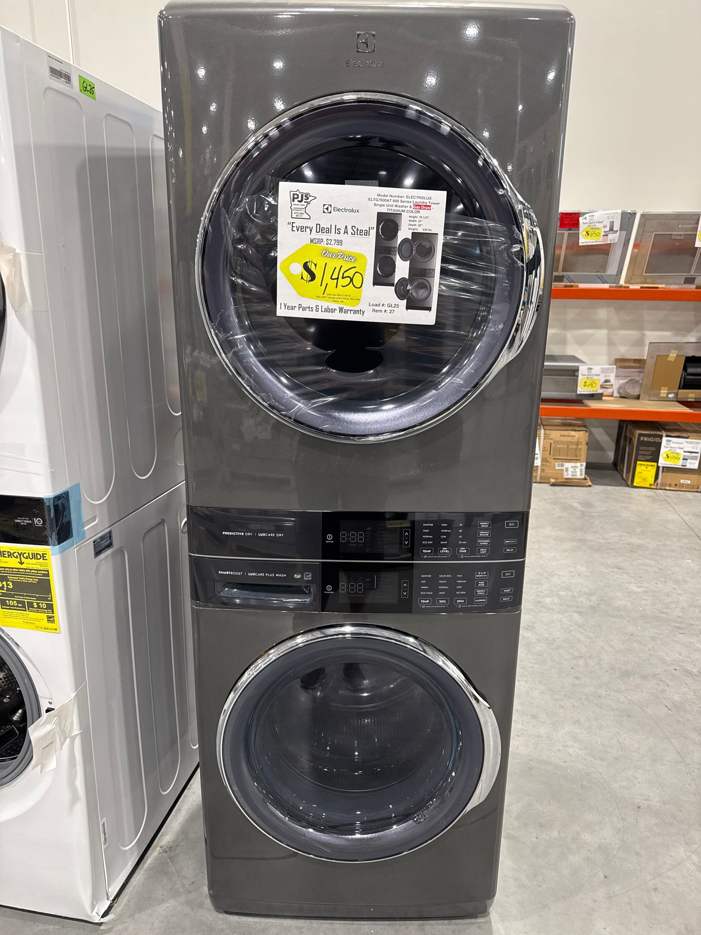 Electrolux ELTG7600AT 27 Inch 600 Series Gas Stacked Laundry Center with 4.5 cu. ft. Washer and 8 cu. ft. Gas Dryer, Smartboost® Technology, LuxCare® Plus Wash and Dry System