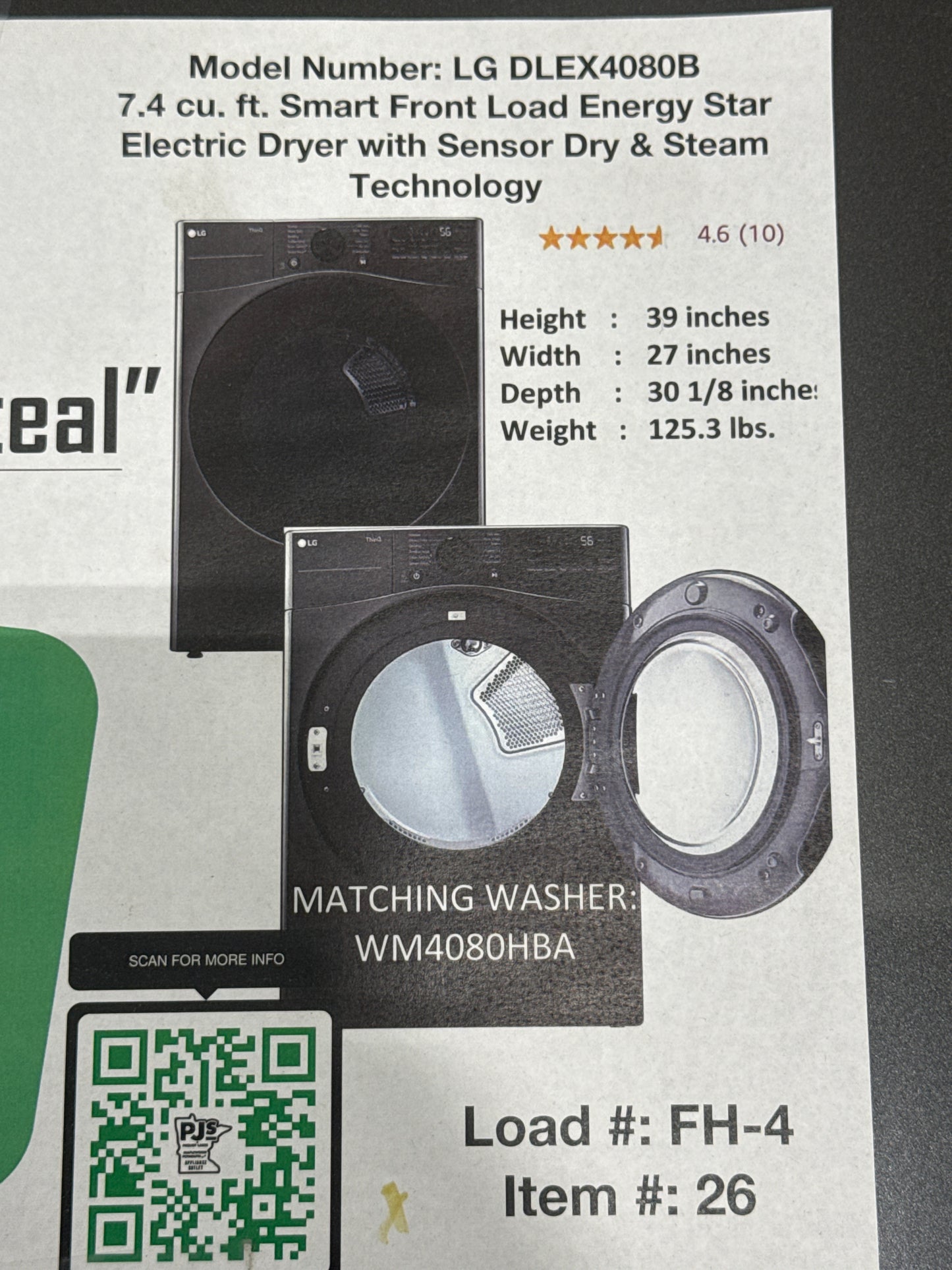 LG DLEX4080B 7.4 cu. ft. Smart Front Load Energy Star Electric Dryer with Sensor Dry & Steam Technology