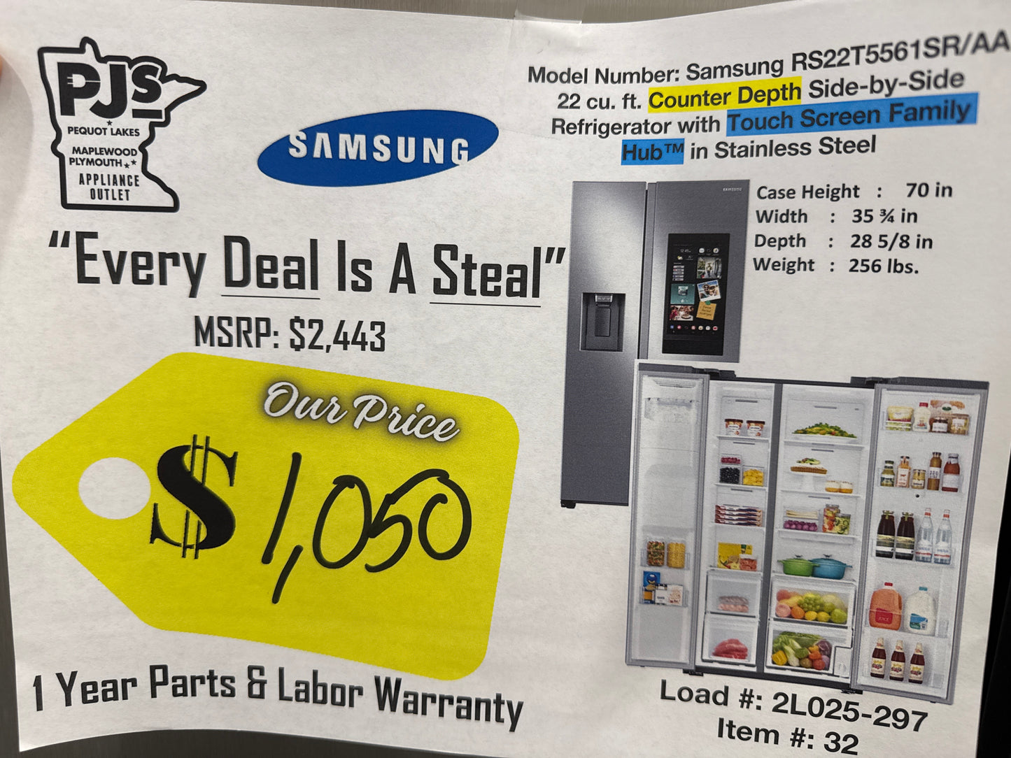 SAMSUNG RS22T5561SR/AA 22 cu. ft. Counter Depth Side-by-Side Refrigerator with Touch Screen Family Hub™ in Stainless Steel