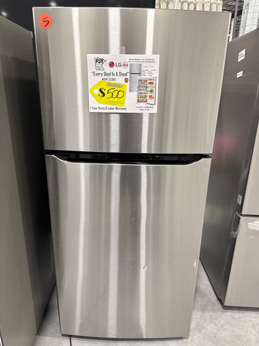 LG LTCS20020S 30 Inch Top Freezer Refrigerator with 20.2 Cu. Ft. Total Capacity, Adjustable Glass Shelves, Humidity-Controlled Crispers, Digital Temperature Controls, LED Lights, Reversible Door, and ENERGY STAR Qualified: Stainless Steel