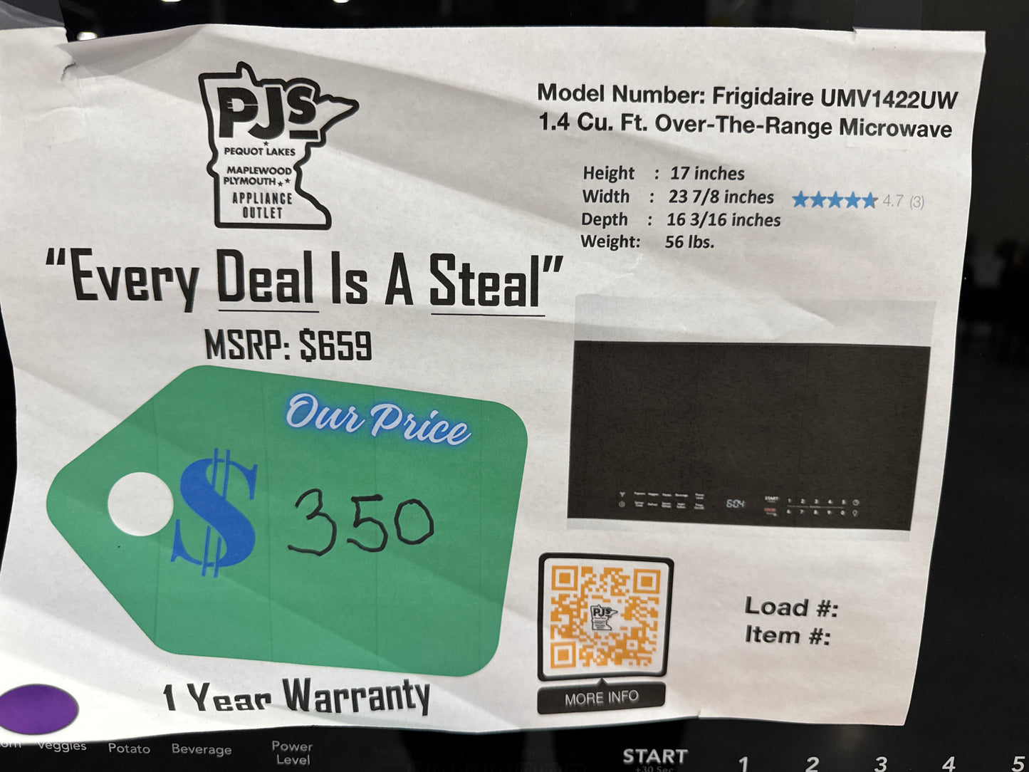 Frigidaire UMV1422UW 24" 1.4 Cu. Ft. Over-The-Range Microwave