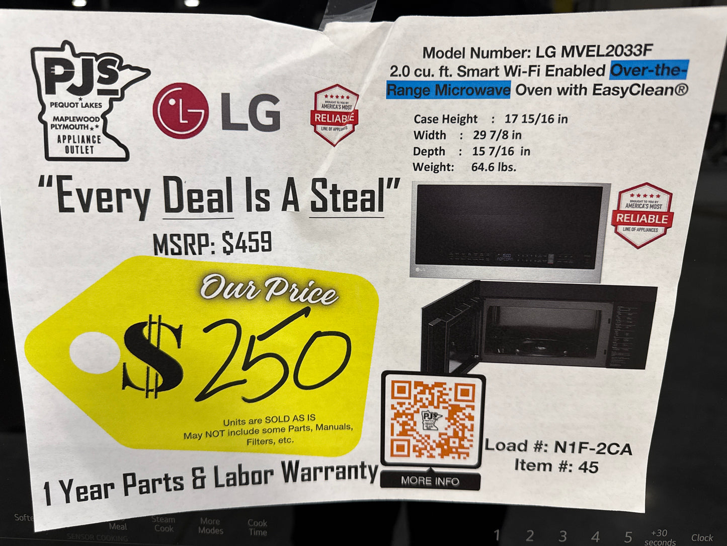 LG MVEL2033F 30 Inch Over-the-Range Smart Microwave Oven with 2.0 cu. ft. Capacity, 400 CFM Exhaust, Sensor Cook, Add 30 Seconds, Quick Defrost, 6-Auto Cook Options, Wi-Fi, Scan-to-Cook, EasyClean®, SmoothTouch™ Controls, and WideView™: