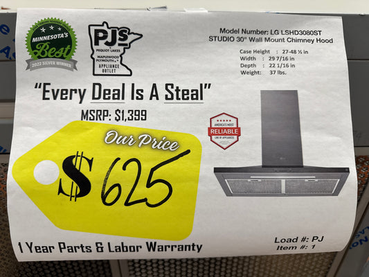 LG Studio LSHD3080ST 30 Inch Wall Mount Smart Chimney Hood with 600 CFM Internal Blower, Wi-Fi, IR Touch Controls, LED Lighting, Mesh Filters, Low-Profile Body, and RoHS Compliant: Stainless Steel