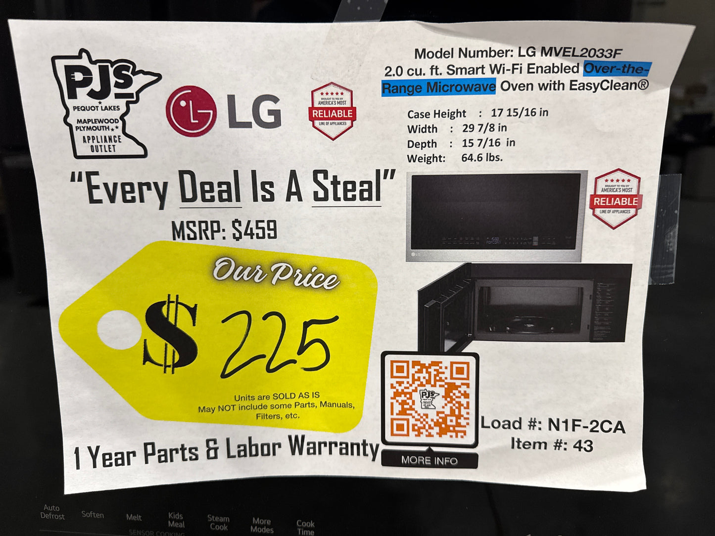 LG MVEL2033F 30 Inch Over-the-Range Smart Microwave Oven with 2.0 cu. ft. Capacity, 400 CFM Exhaust, Sensor Cook, Add 30 Seconds, Quick Defrost, 6-Auto Cook Options, Wi-Fi, Scan-to-Cook, EasyClean®, SmoothTouch™ Controls, and WideView™