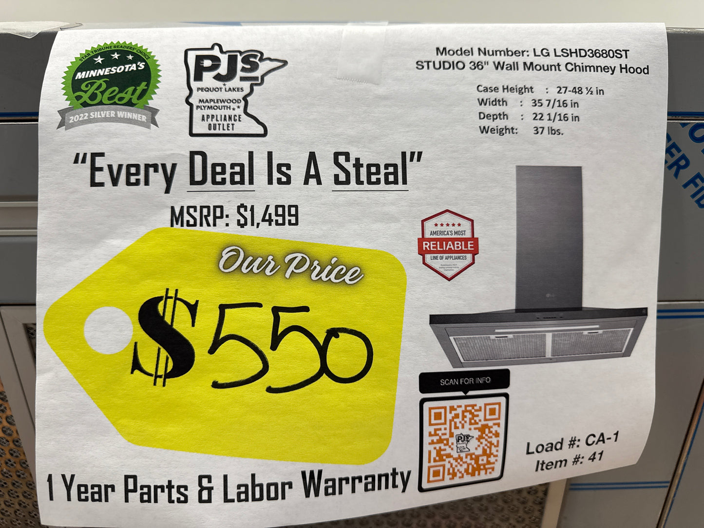 LG Studio LSHD3680ST 36 Inch Wall Mount Smart Chimney Hood with 600 CFM Internal Blower, Wi-Fi, IR Touch Controls, LED Lighting, Mesh Filters, Low-Profile Body, and RoHS Compliant: Stainless Steel