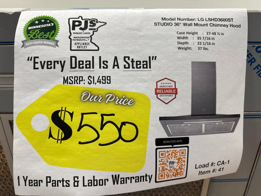 LG Studio LSHD3680ST 36 Inch Wall Mount Smart Chimney Hood with 600 CFM Internal Blower, Wi-Fi, IR Touch Controls, LED Lighting, Mesh Filters, Low-Profile Body, and RoHS Compliant: Stainless Steel