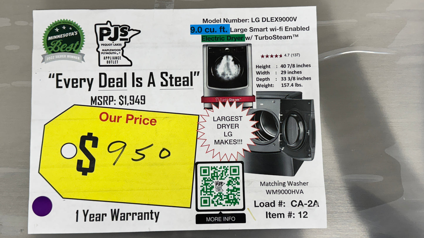 LG DLEX9000V 9.0 cu. ft. Large Smart wi-fi Enabled Electric Dryer w/ TurboSteam™
