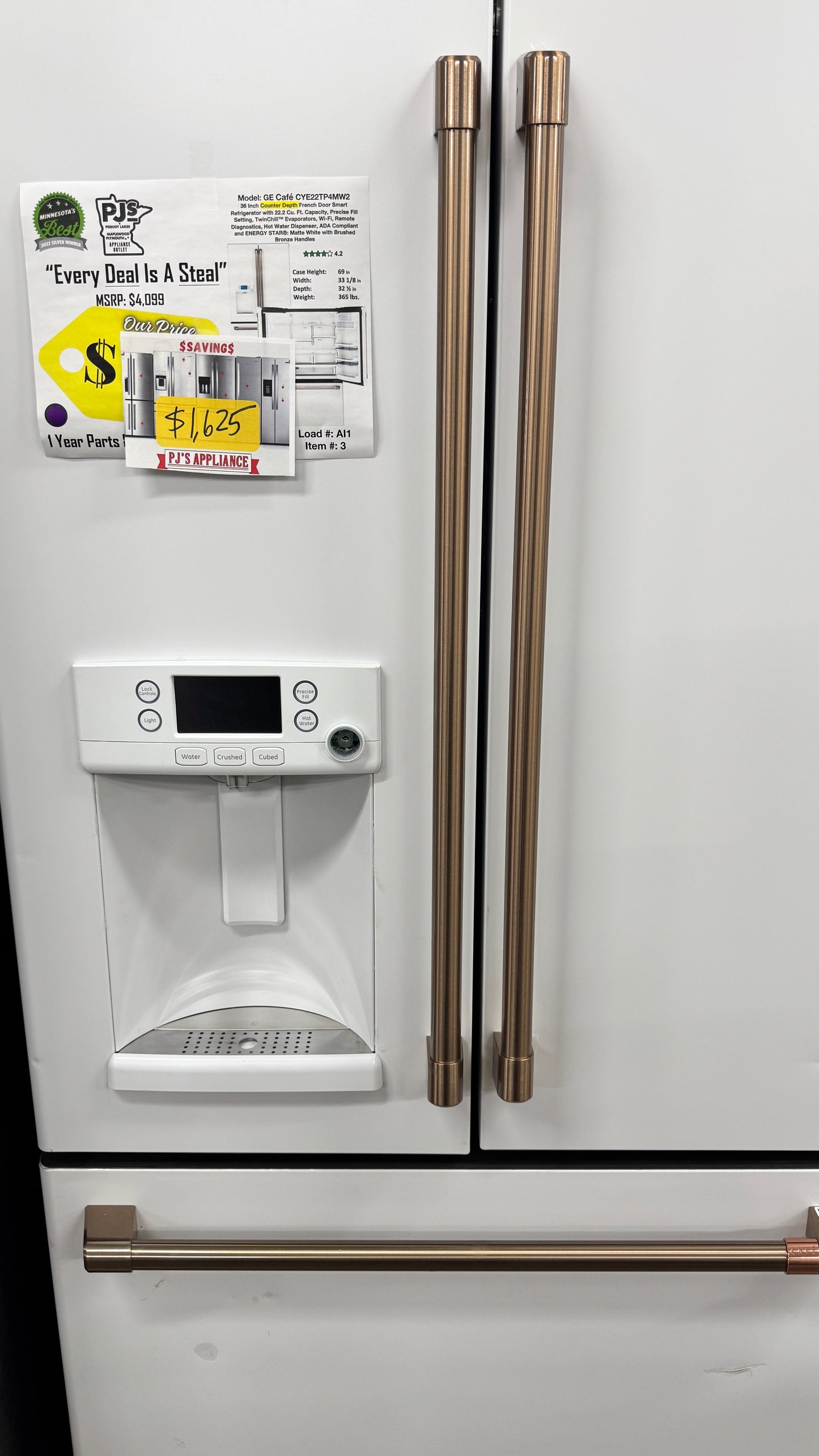 GE Cafe© CYE22TP4MW2 ENERGY STAR 22.2 Cu. Ft. Smart Counter-Depth French-Door Refrigerator with Hot Water Dispenser