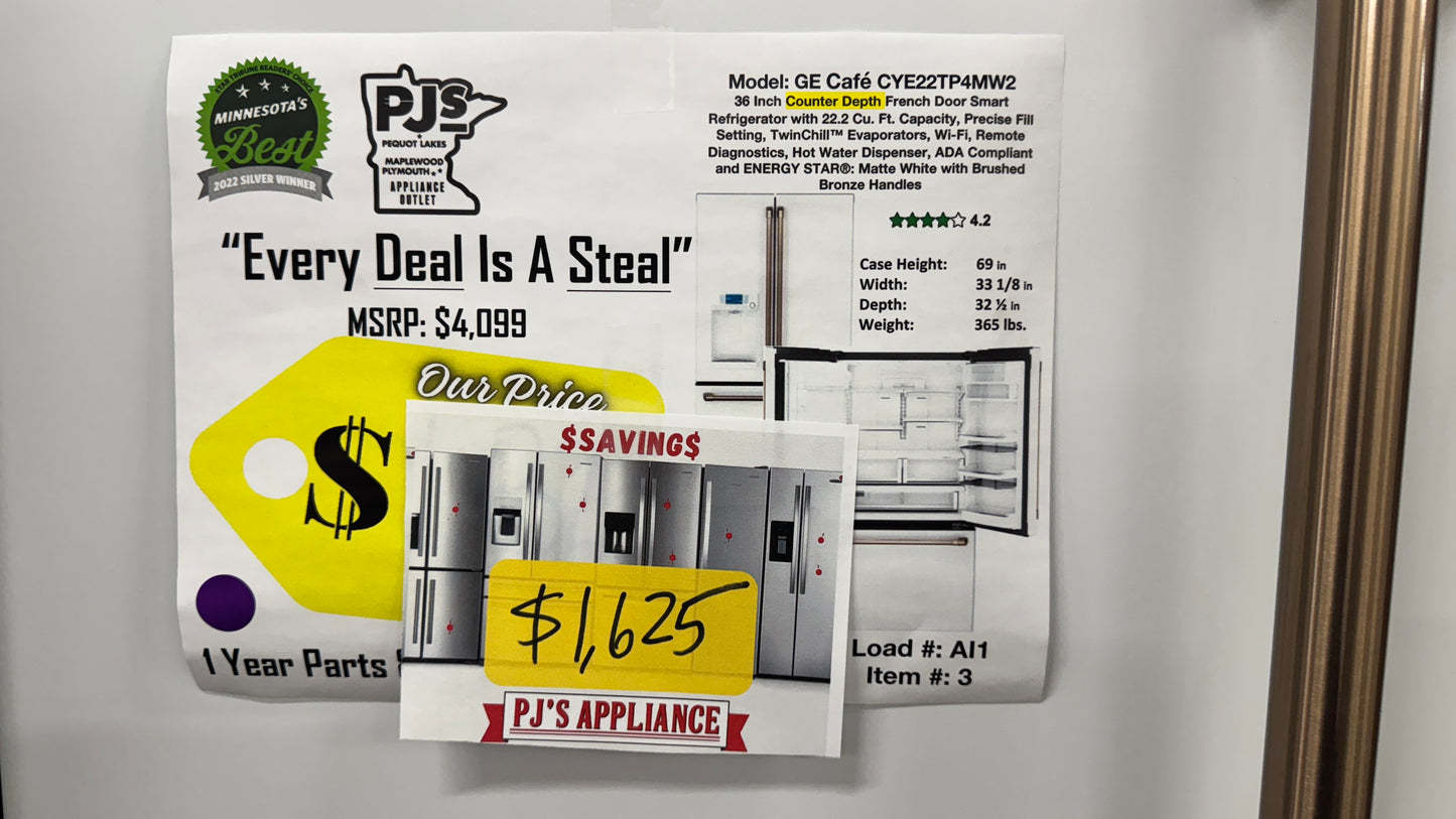 GE Cafe© CYE22TP4MW2 ENERGY STAR 22.2 Cu. Ft. Smart Counter-Depth French-Door Refrigerator with Hot Water Dispenser