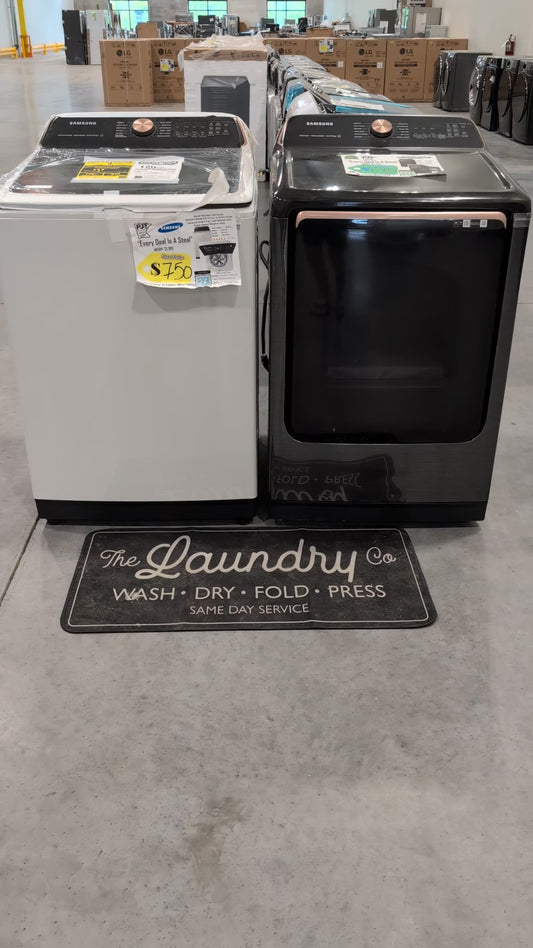 SAMSUNG WA55A7300AE 5.5 cu. ft. Extra-Large Capacity Smart Top Load Washer with Auto Dispense System in Ivory & SAMSUNG DVE55A7700V/A3 7.4 cu. ft. Smart Electric Dryer with Steam Sanitize+ in Brushed Black