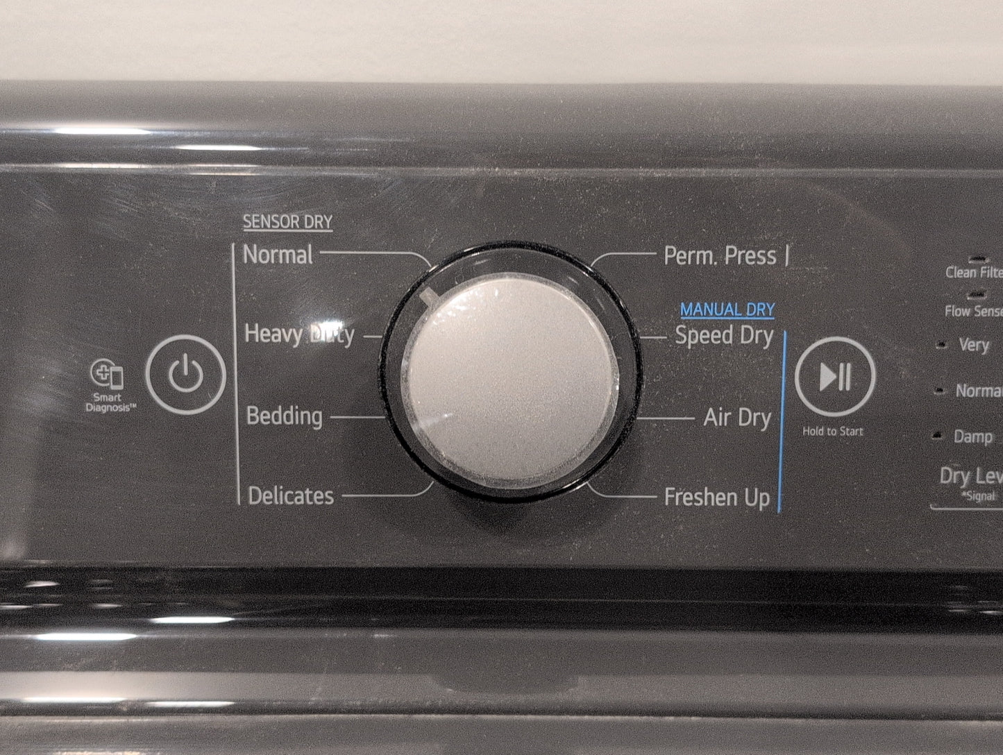 LG  DLE7150M 27 Inch Electric Dryer with 7.3 Cu. Ft. Capacity, 8 Dryer Programs, Sensor Dry, Dial-A Cycle™ Knob, FlowSense™ Duct Clogging Indicator, and Energy Star Certified: Middle Black