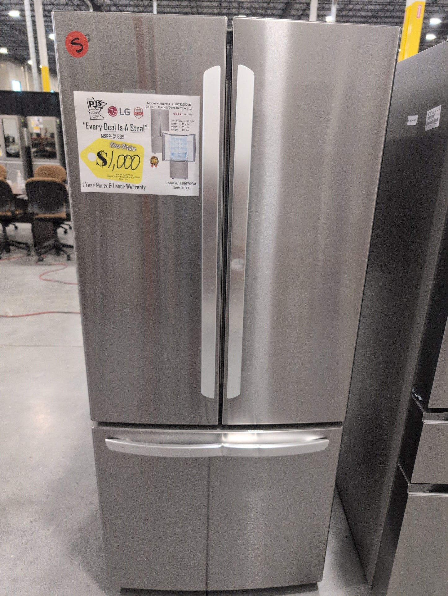 LG LFCS22520S 30 Inch French Door Refrigerator with 21.8 Cu. Ft. Capacity, Glide N' Serve™ Drawer, SpillProtector™ Shelves, Smart Cooling® and Factory Installed Ice Maker: Stainless Steel